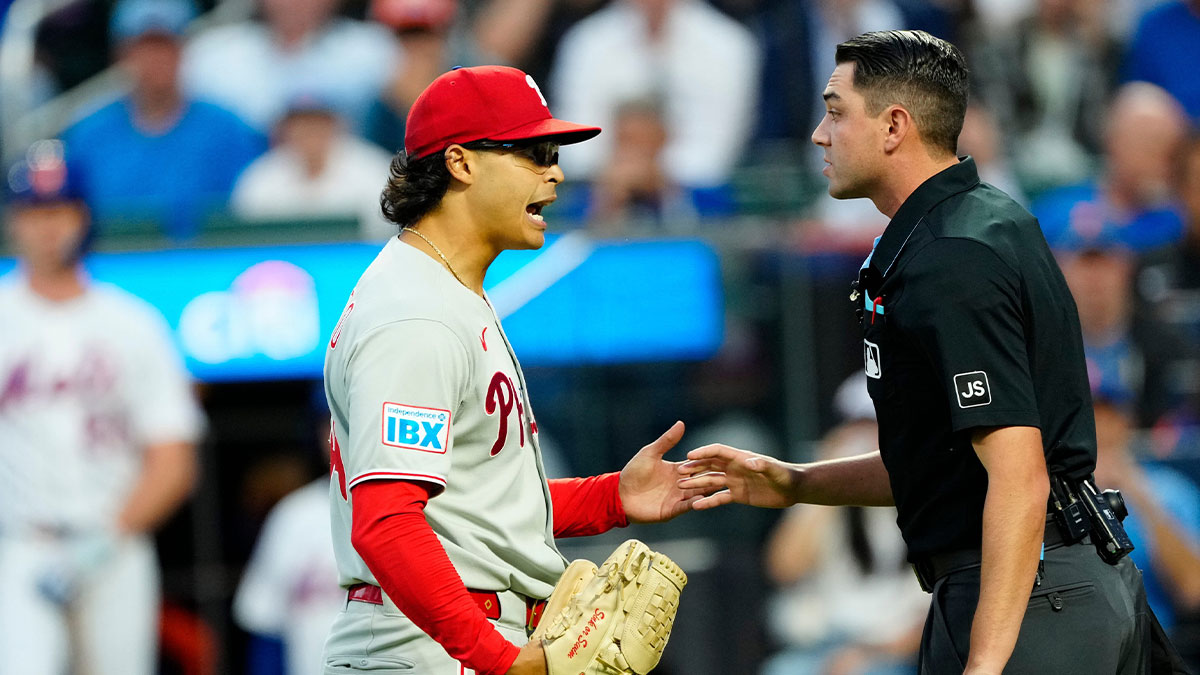 Philadelphia Phillies pitcher Jesus Luzardo (44) argues with an umpire who said his last pitch did not count because the batter, Juan Soto (not shown) called timeout, Tuesday, August 26, 2025.