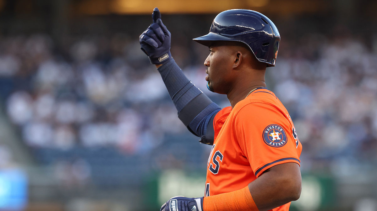 Houston Astros right fielder Jesus Sanchez (4) reacts after a single during the first inning against the New York Yankees at Yankee Stadium.