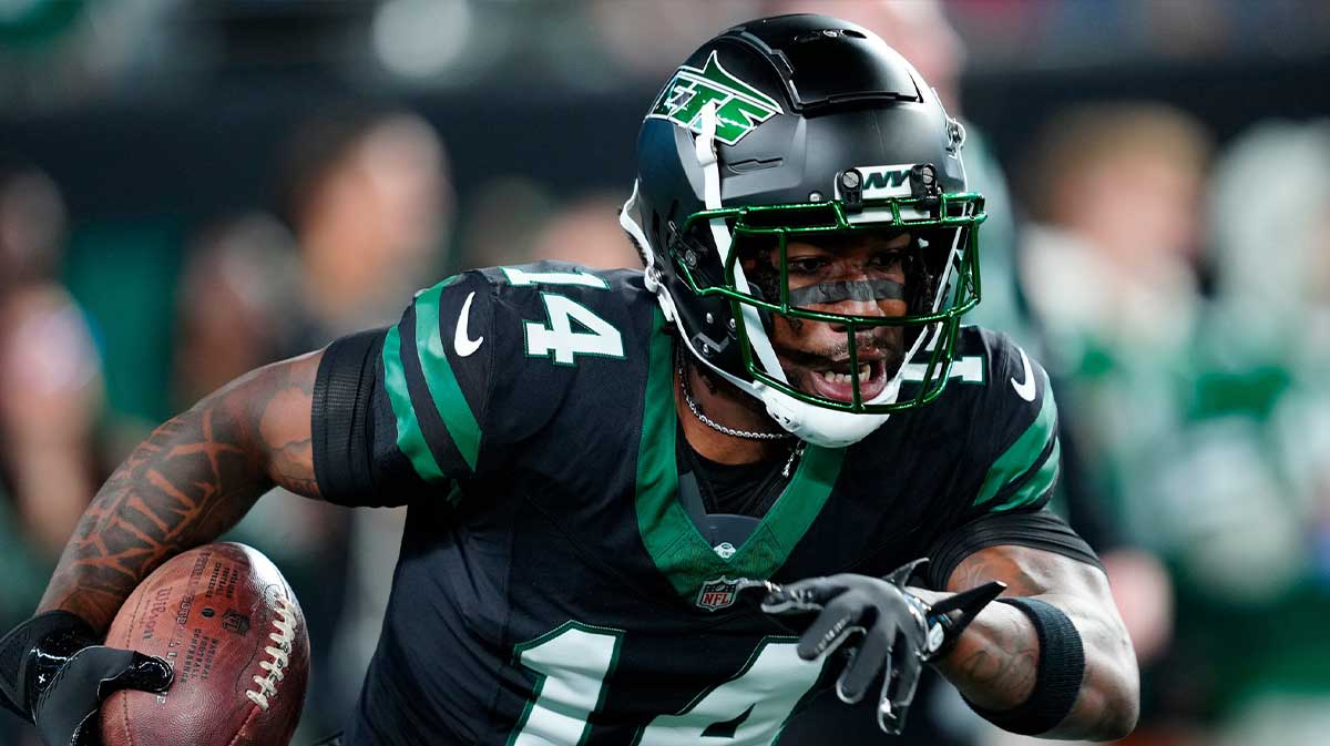 New York Jets wide receiver Malachi Corley (14) is shown as he prepares for the game, Thursday, October 31, 2024, in East Rutherford.