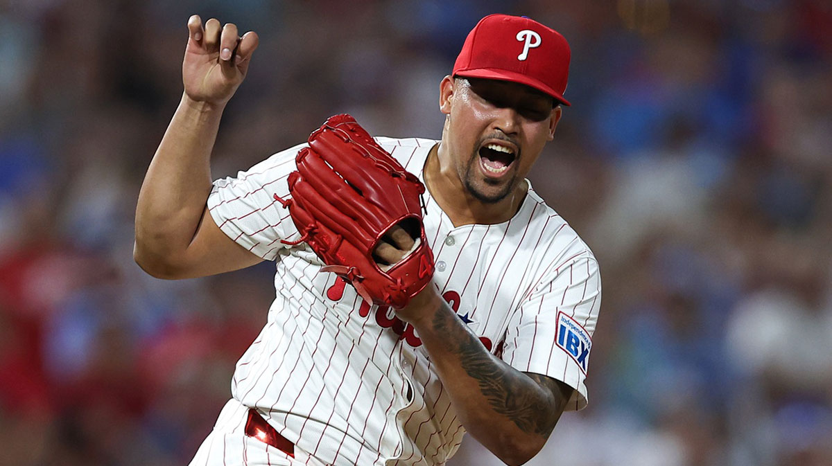 Philadelphia Phillies pitcher Jhoan Duran (59) reacts after a strike out to end the ninth inning of a win against the Detroit Tigers at Citizens Bank Park.