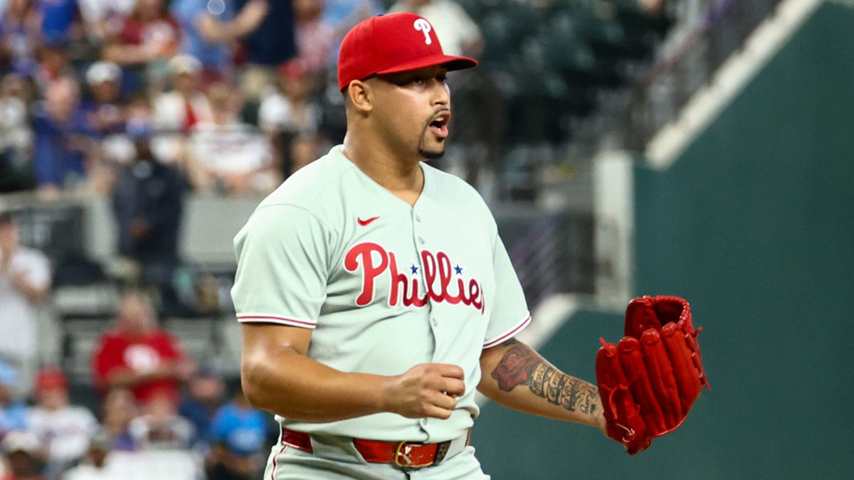 Philadelphia Phillies relief pitcher Jhoan Duran (59) reacts after the game against the Texas Rangers at Globe Life Field.