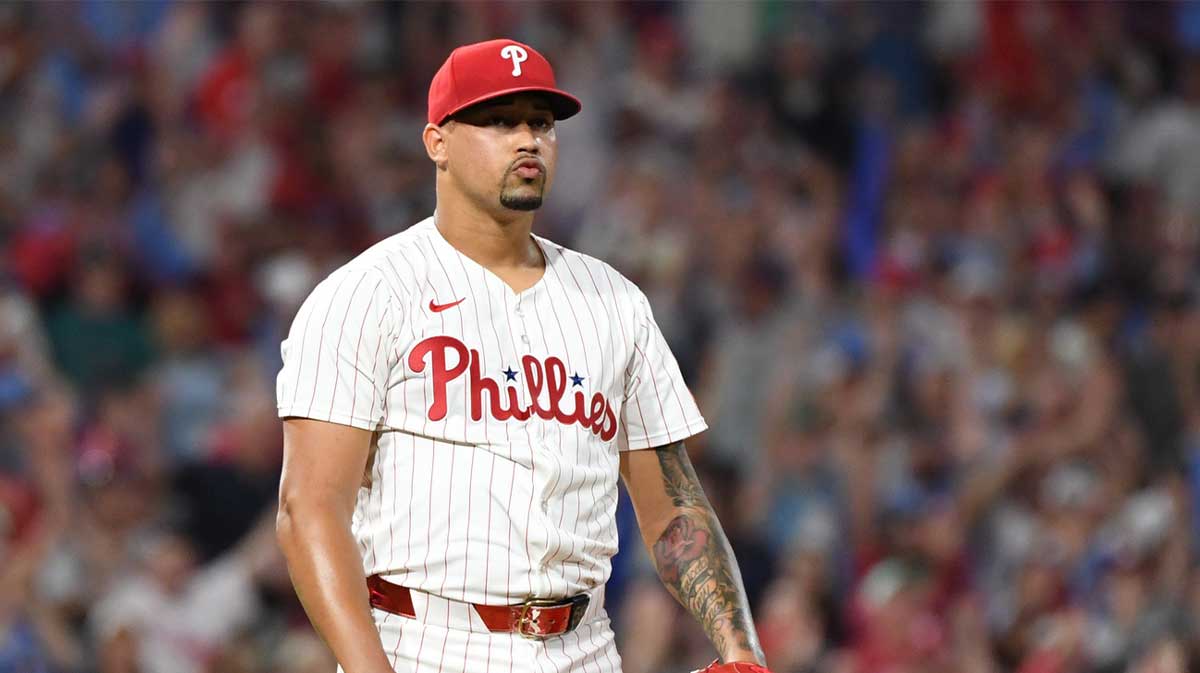 Philadelphia Phillies pitcher Jhoan Duran (59) reacts after gettin final out during the ninth inning against the Seattle Mariners at Citizens Bank Park.