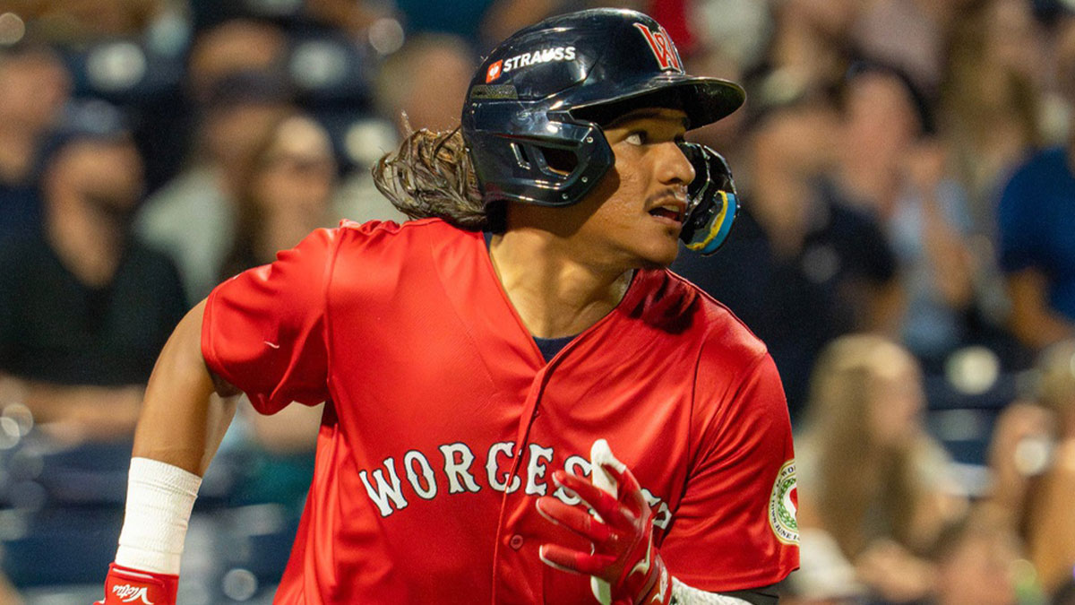 Worcester center fielder Jhostynxon Garcia hits a three-run double in the sixth inning against Lehigh Valley at Polar Park July 29.