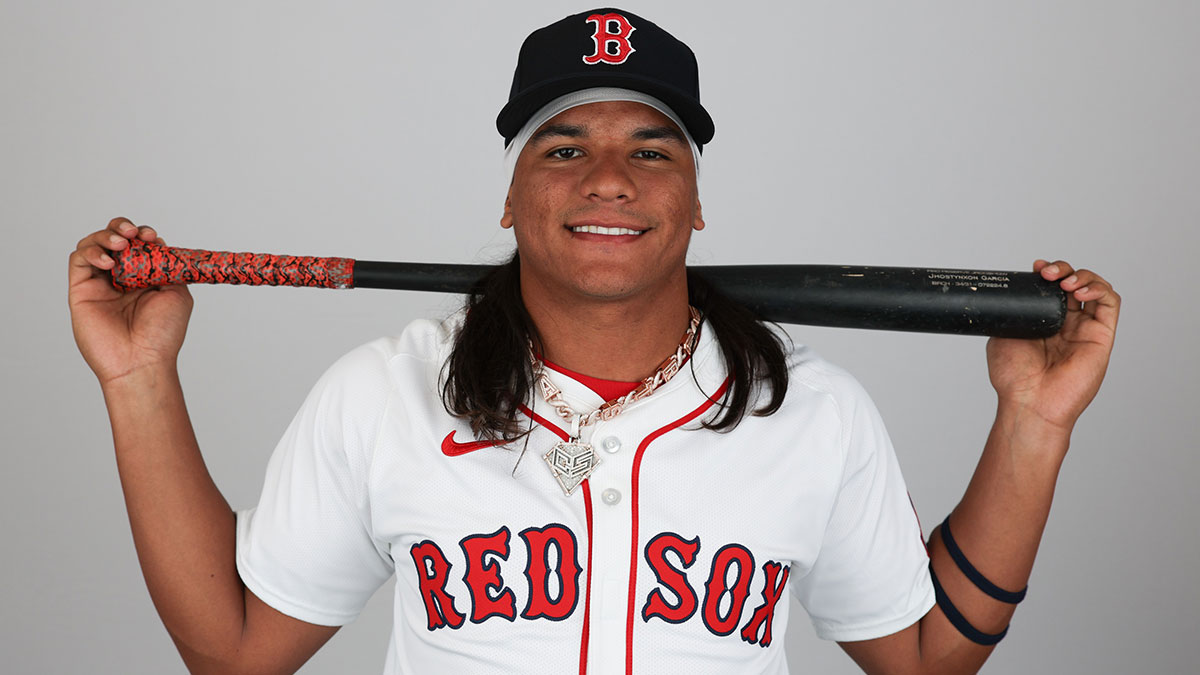 Boston Red Sox outfielder Jhostynxon Garcia (91) participates in media day at JetBlue Park at Fenway South.