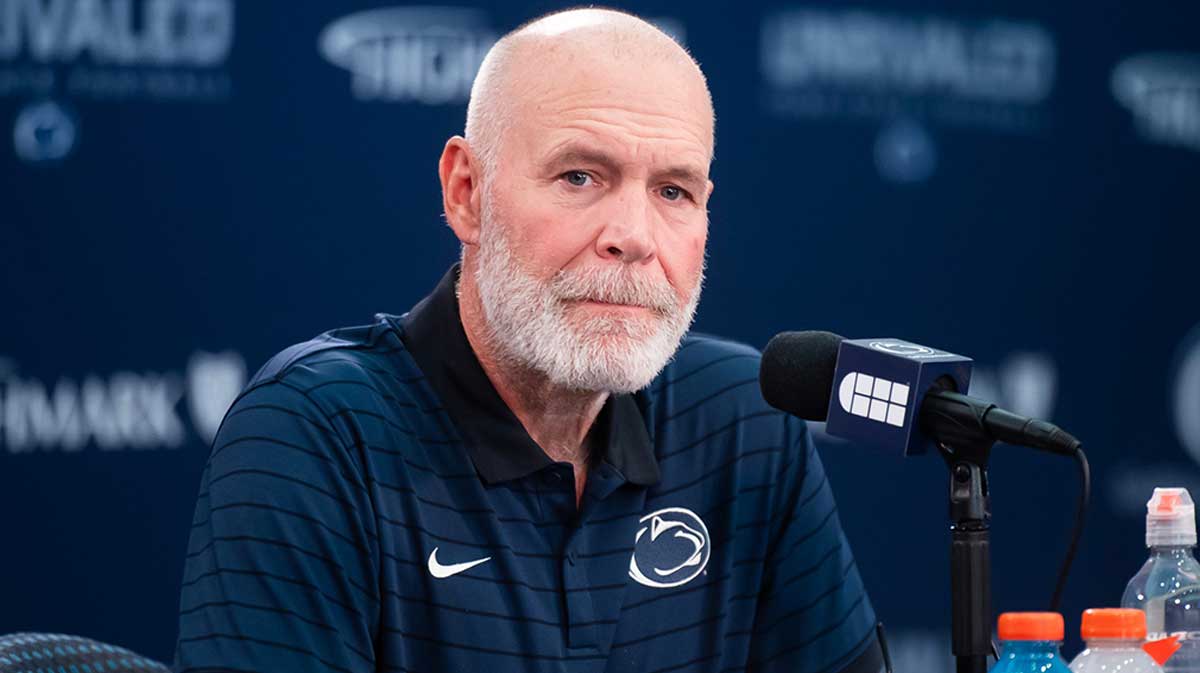 Penn State first-year defensive coordinator Jim Knowles talks with reporters during football media day in Beaver Stadium on Saturday, August 3, 2024, in State College.