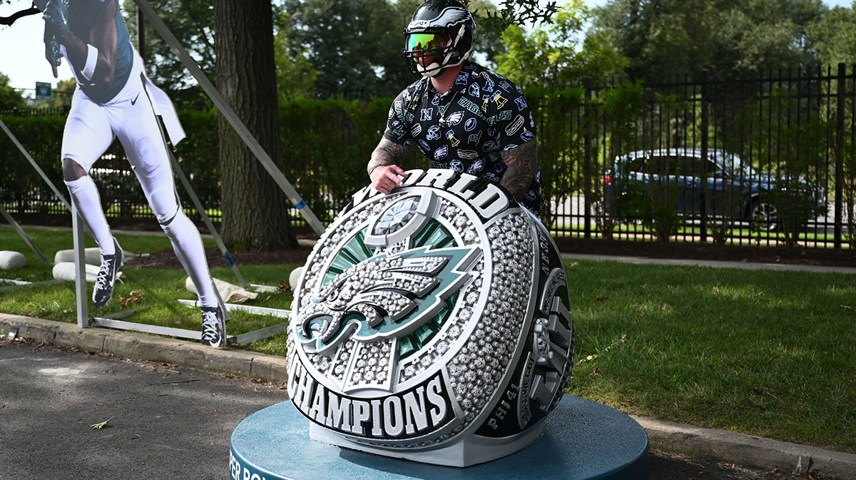 A Philadelphia Eagles fan poses during training camp at NovaCare Complex.