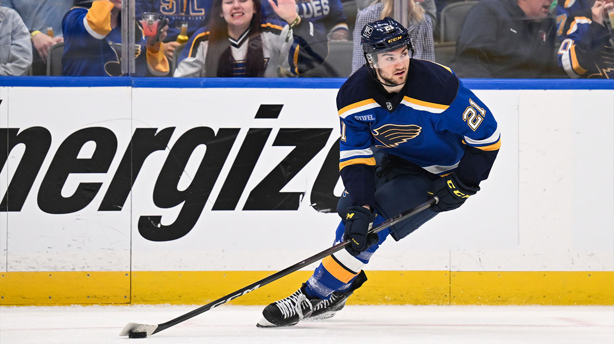 St. Louis Blues right wing Jimmy Snuggerud (21) in action during the third period in game six of the first round of the 2025 Stanley Cup Playoffs against the Winnipeg Jets at Enterprise Center.