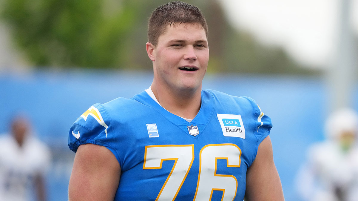 Los Angeles Chargers tackle Joe Alt (76) at training camp at The Bolt.
