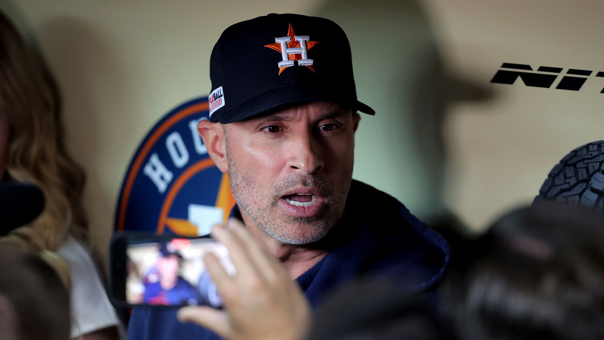 Houston Astros manager Joe Espada (19) talks to the media in the dugout prior to the game against the Detroit Tigers at Minute Maid Park.