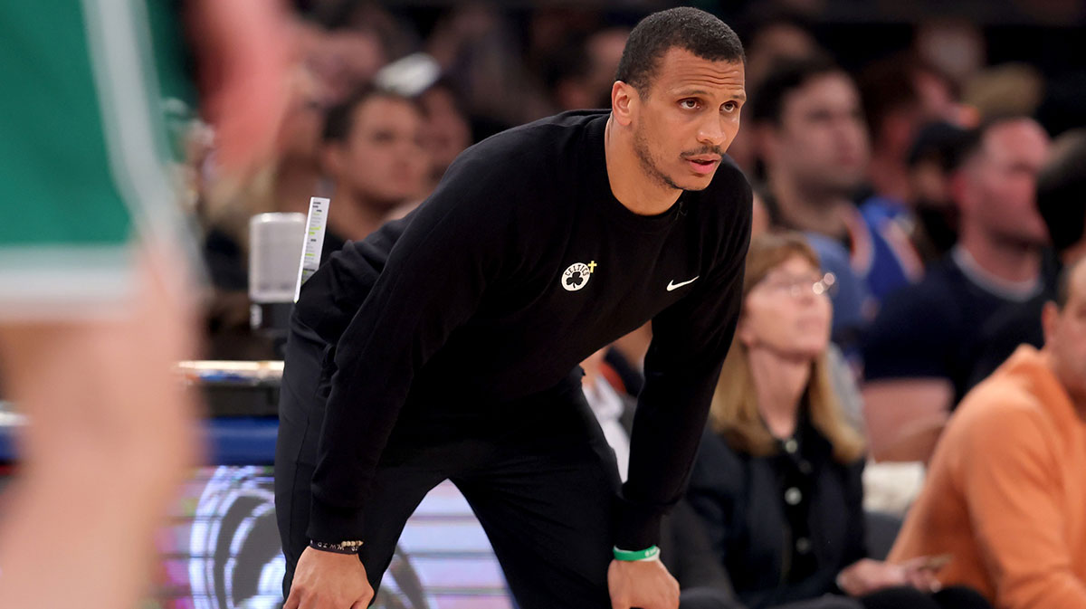 Boston Celtics head coach Joe Mazzulla coaches against the New York Knicks during the first quarter of game six in the second round of the 2025 NBA Playoffs at Madison Square Garden.