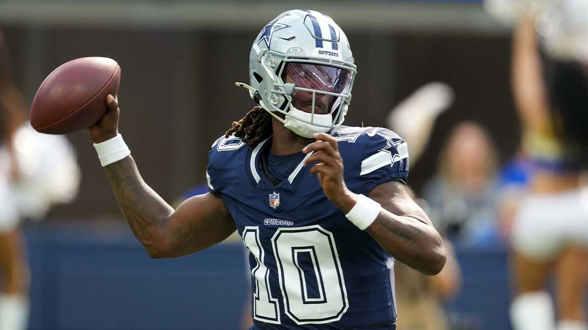 Dallas Cowboys quarterback Joe Milton III (10) throws the ball against the Los Angeles Rams in the first half at SoFi Stadium.