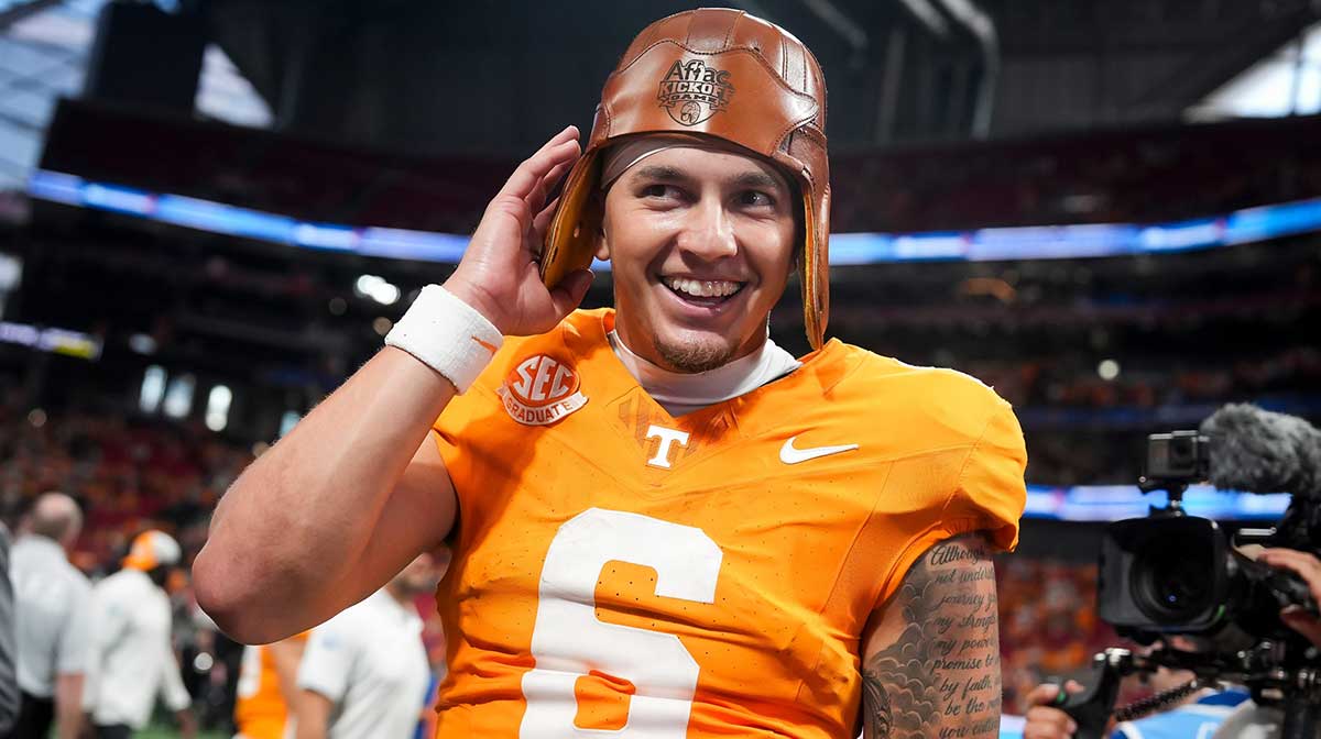 Tennessee quarterback Joey Aguilar (6) puts on the Old Leather Hat after the Aflac Kickoff Game between the Volunteers and Syracuse held at Mercedes-Benz Stadium in Atlanta, Ga., on August 30, 2025.