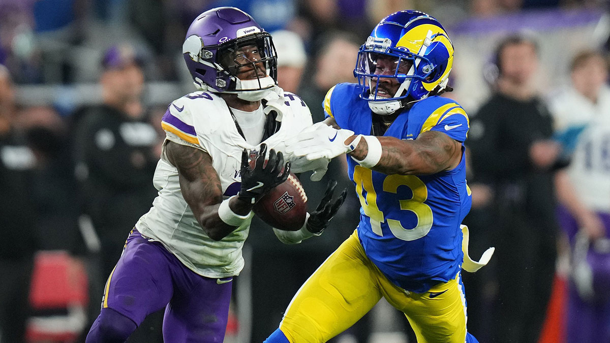 Los Angeles Rams safety John Johnson III (43) defends a pass from Minnesota Vikings receiver Jordan Addison (3) during their playoff game at State Farm Stadium on Jan. 13, 2025, in Glendale. The Rams beat the Vikings, 27-9.