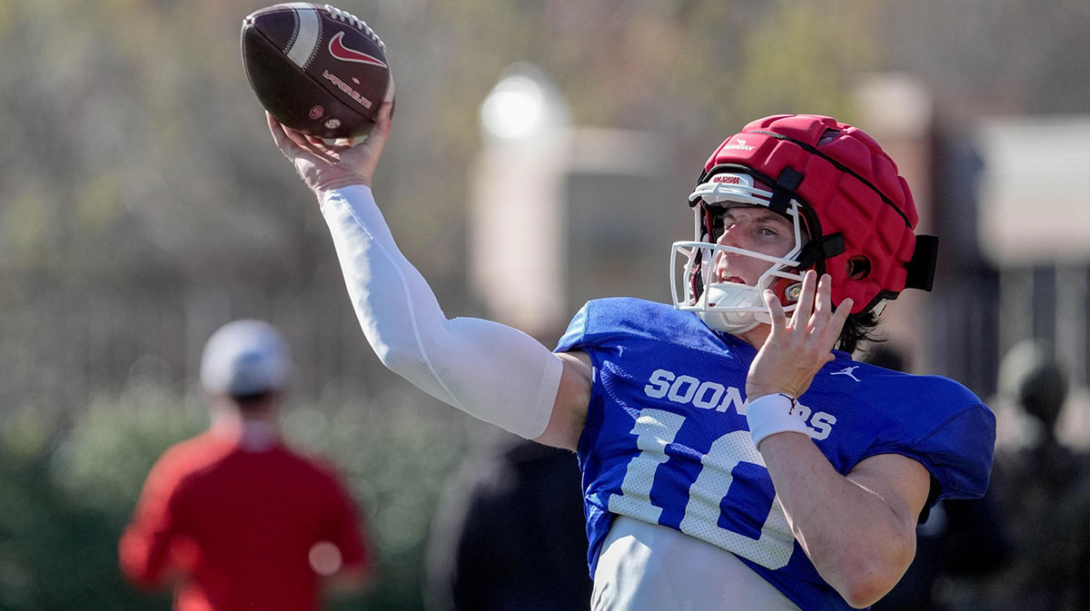John Mateer (10) runs drills during an Oklahoma (OU) football practice at the Gaylord Family Oklahoma Memorial Stadium in Norman,