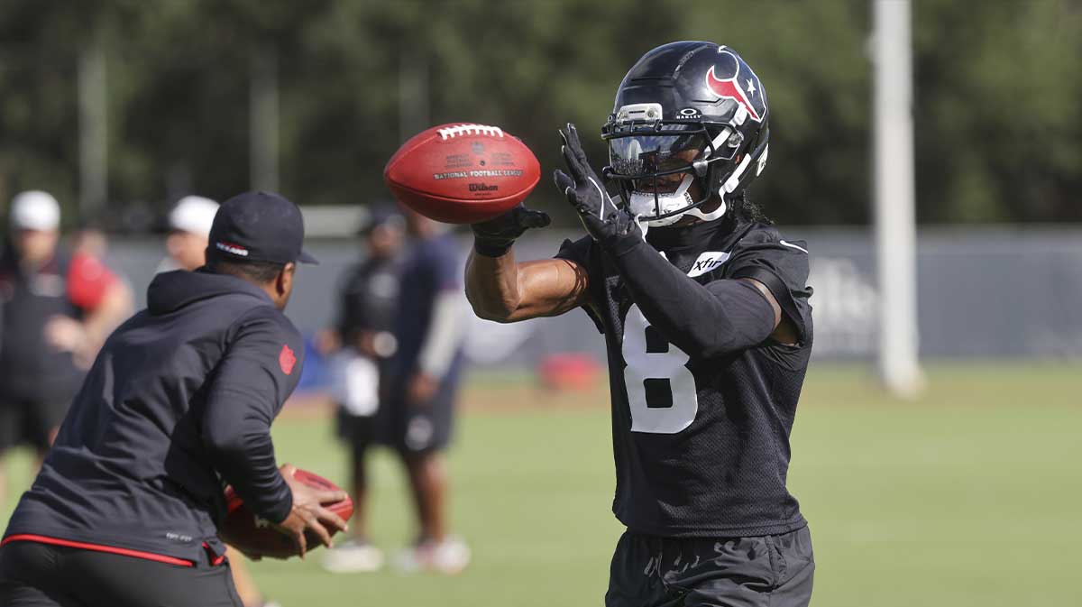Houston Texans wide receiver John Metchie III (8) during training camp at Houston Methodist Training Center.
