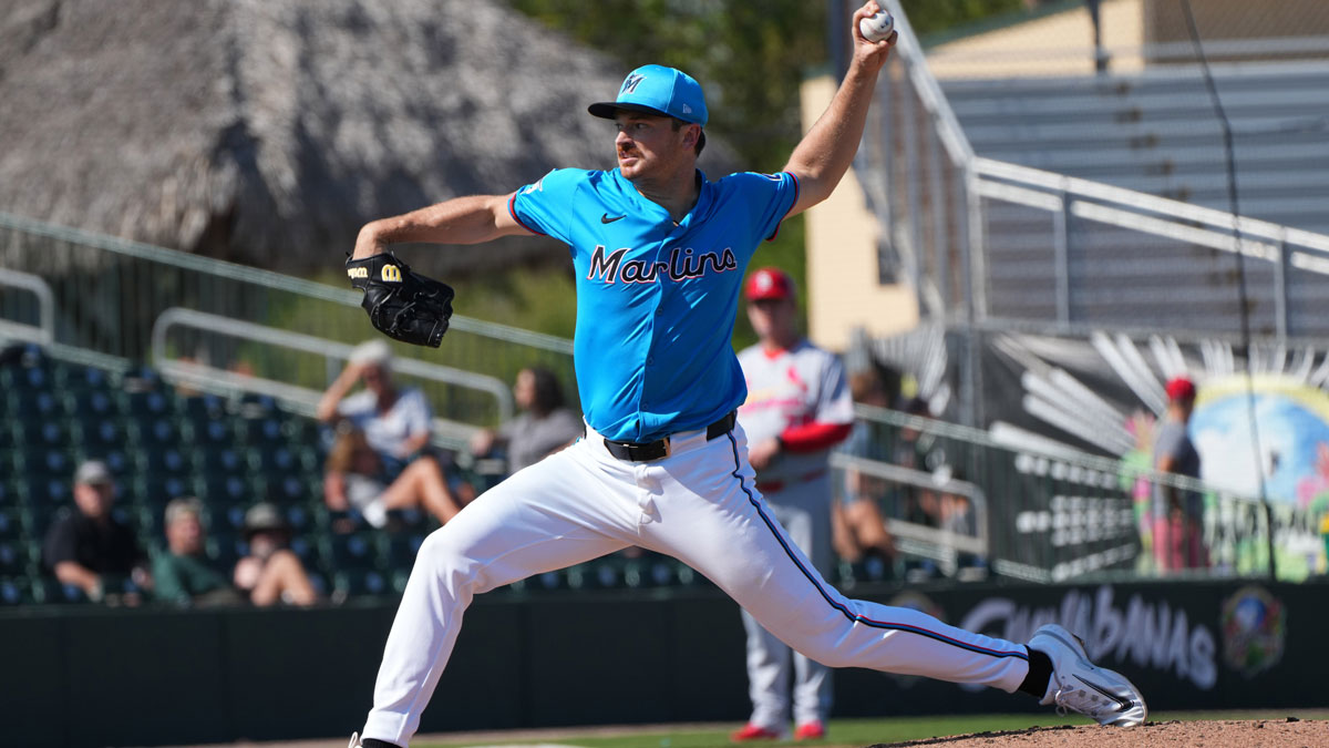 Miami Marlins pitcher John Rooney (79) pitches in the sixth inning against the St. Louis Cardinals at Roger Dean Chevrolet Stadium.