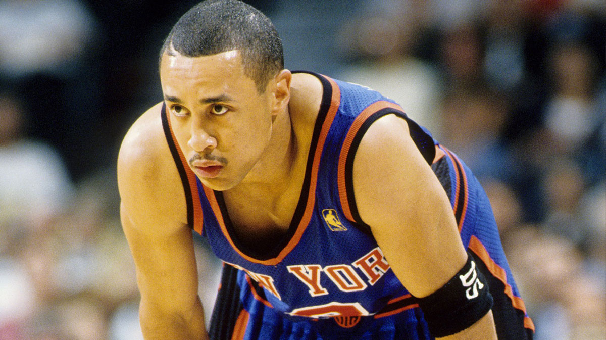 New York Knicks guard John Starks (3) on the court against the Miami Heat during the second round of the 1997 NBA Playoffs at the Miami Arena.