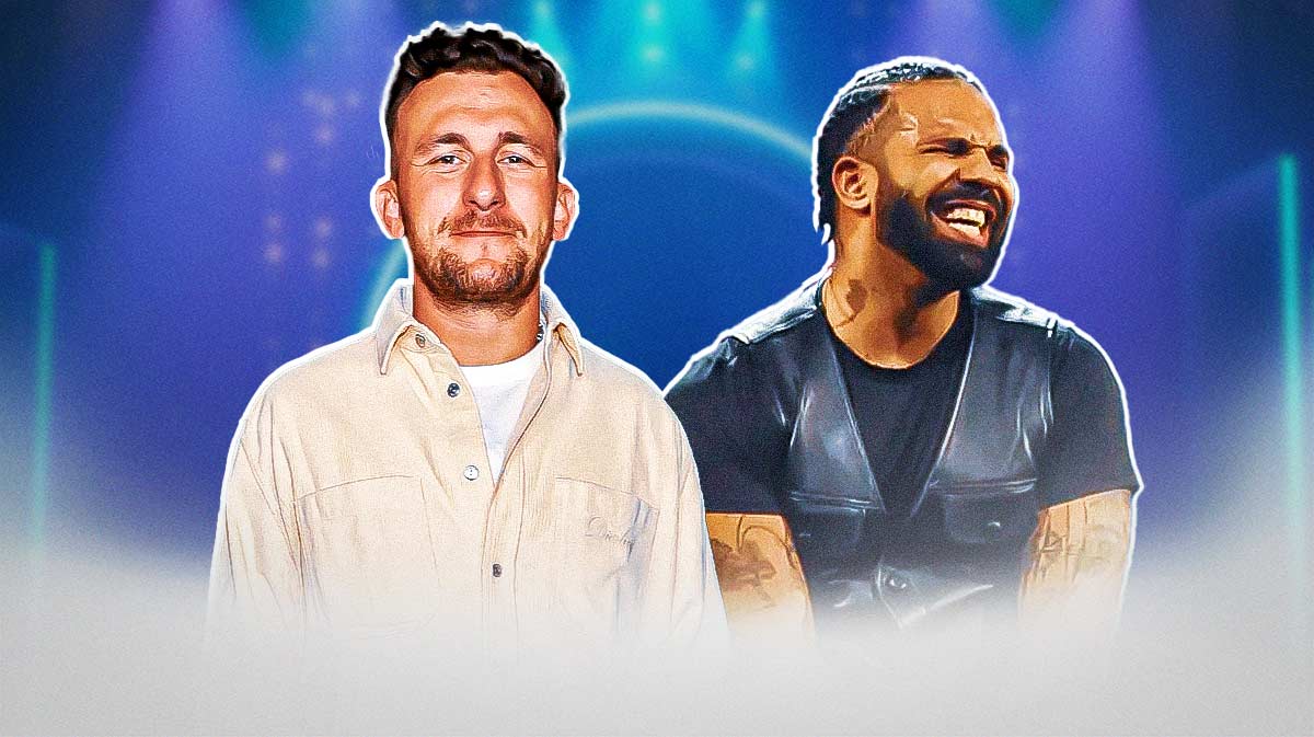 Johnny Manziel in 2024 or 2025 smiling. Drake in 2024 or 2025 singing during a concert.