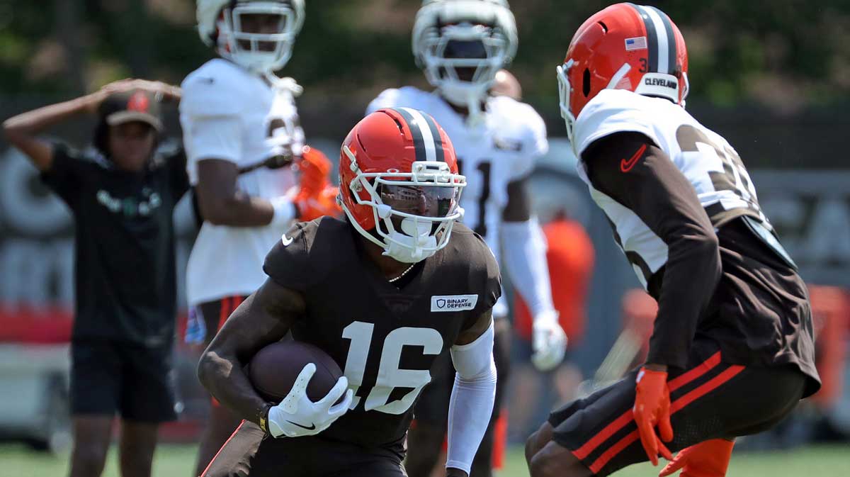 Cleveland Browns wide receiver Diontae Johnson (16) makes a move on cornerback Kennan Isaac (38) during NFL training camp at CrossCountry Mortgage Campus, Friday, Aug. 1, 2025, in Berea, Ohio.