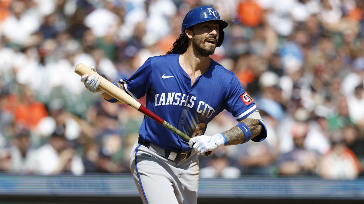 Kansas City Royals second baseman Jonathan India (6) hits a double during an at bat in the sixth inning against the Detroit Tigers at Comerica Park