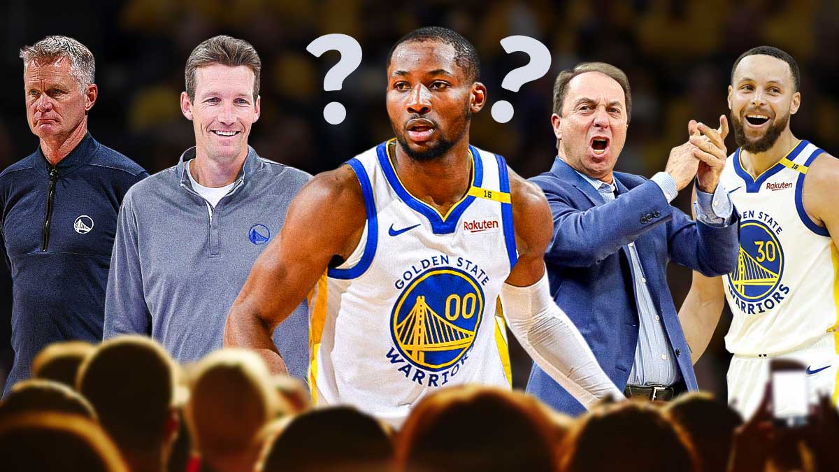 Warriors' Jonathan Kuminga with question marks next to Joe Lacob, Steve Kerr, Mike Dunleavy Jr. and Stephen curry