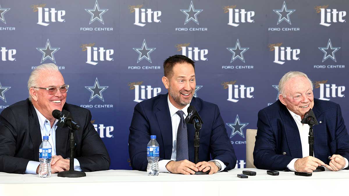 (L to R) Dallas Cowboys CEO Stephen Jones, head coach Brian Schottenheimer and owner Jerry Jones speak to the media at a press conference at the Star.