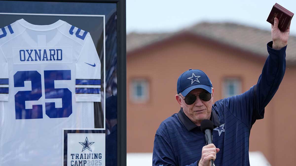 Dallas Cowboys owner Jerry Jones speaks at training camp opening ceremonies at the River Ridge Fields.