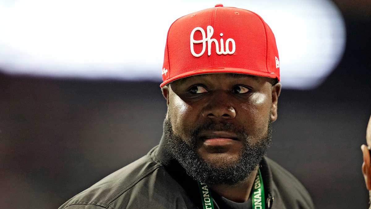 Former Ohio State quarterback Cardale Jones watches warm ups before the start of the College Football Playoff National Championship at Mercedes-Benz Stadium in Atlanta on January 20, 2025.