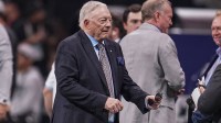 Dallas Cowboys team owner and general manager Jerry Jones shown on the field prior to the game against the Atlanta Falcons at Mercedes-Benz Stadium.