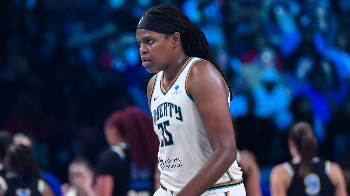 New York Liberty center Jonquel Jones (35) reacts during the second half against the Chicago Sky at Barclays Center.