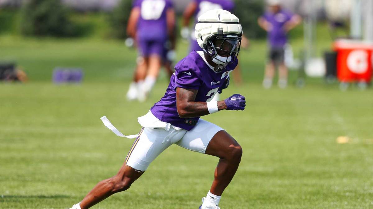 Minnesota Vikings wide receiver Jordan Addison (3) takes part in drills during the teams training camp at the Minnesota Vikings Training Facility.