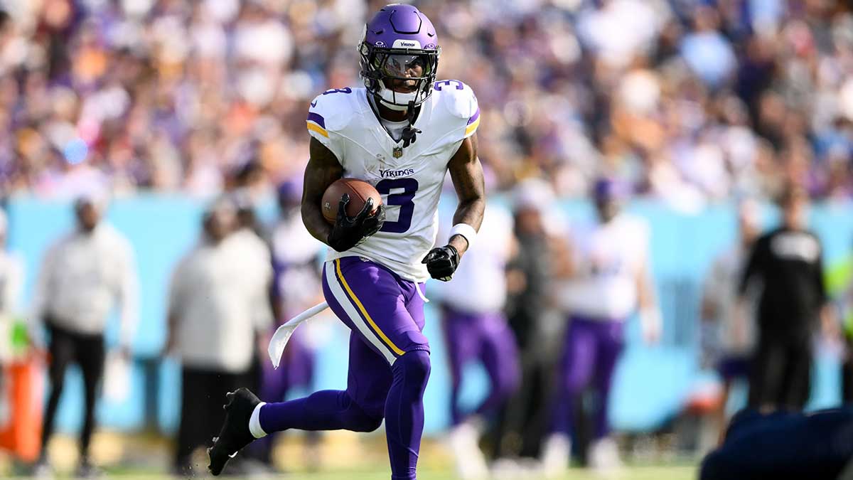 Minnesota Vikings wide receiver Jordan Addison (3) makes a catch over the middle against Tennessee Titans as scores a touchdown during the first half at Nissan Stadium.