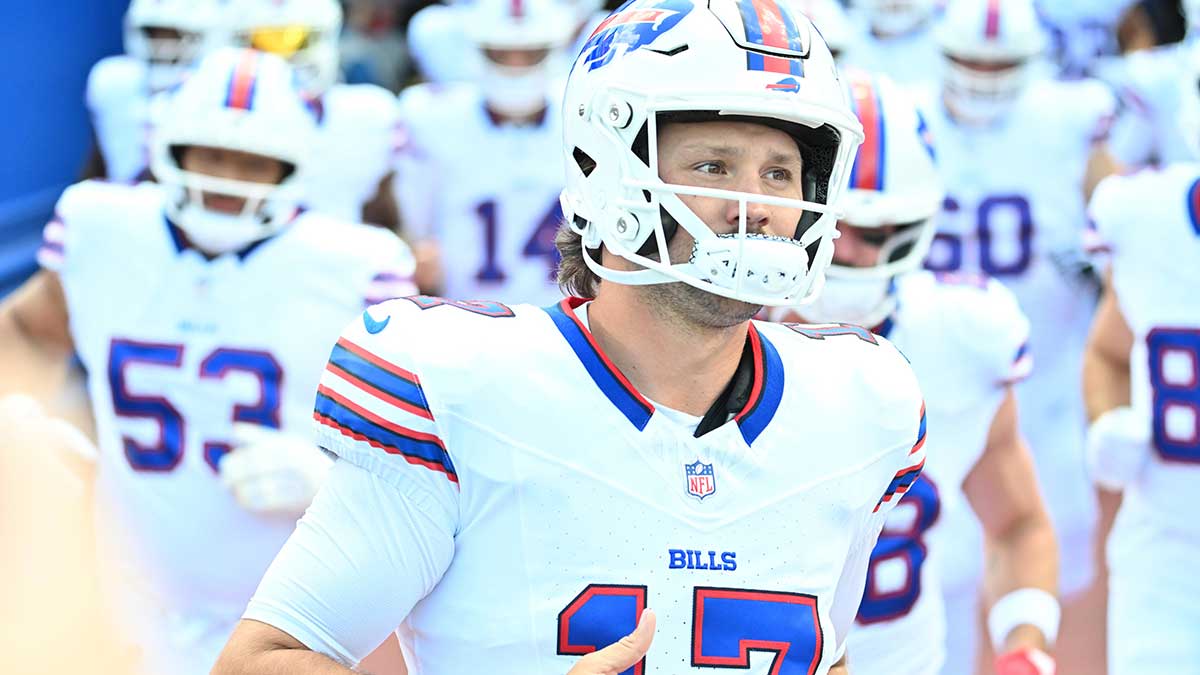 Buffalo Bills quarterback Josh Allen (17) enters the field before a game against the New York Giants at Highmark Stadium.