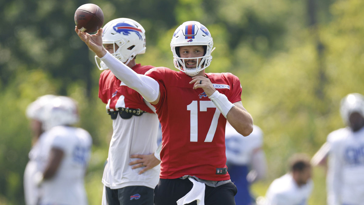 Buffalo Bills quarterback Josh Allen (17) passes the football during joint training camp practice with the Chicago Bears ahead of Sunday's preseason game.