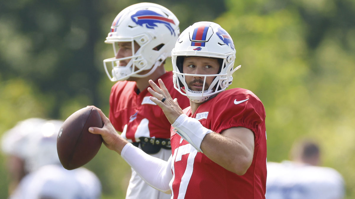 Buffalo Bills quarterback Josh Allen (17) looks to pass the football during joint training camp practice with the Chicago Bears ahead of Sunday's preseason game.