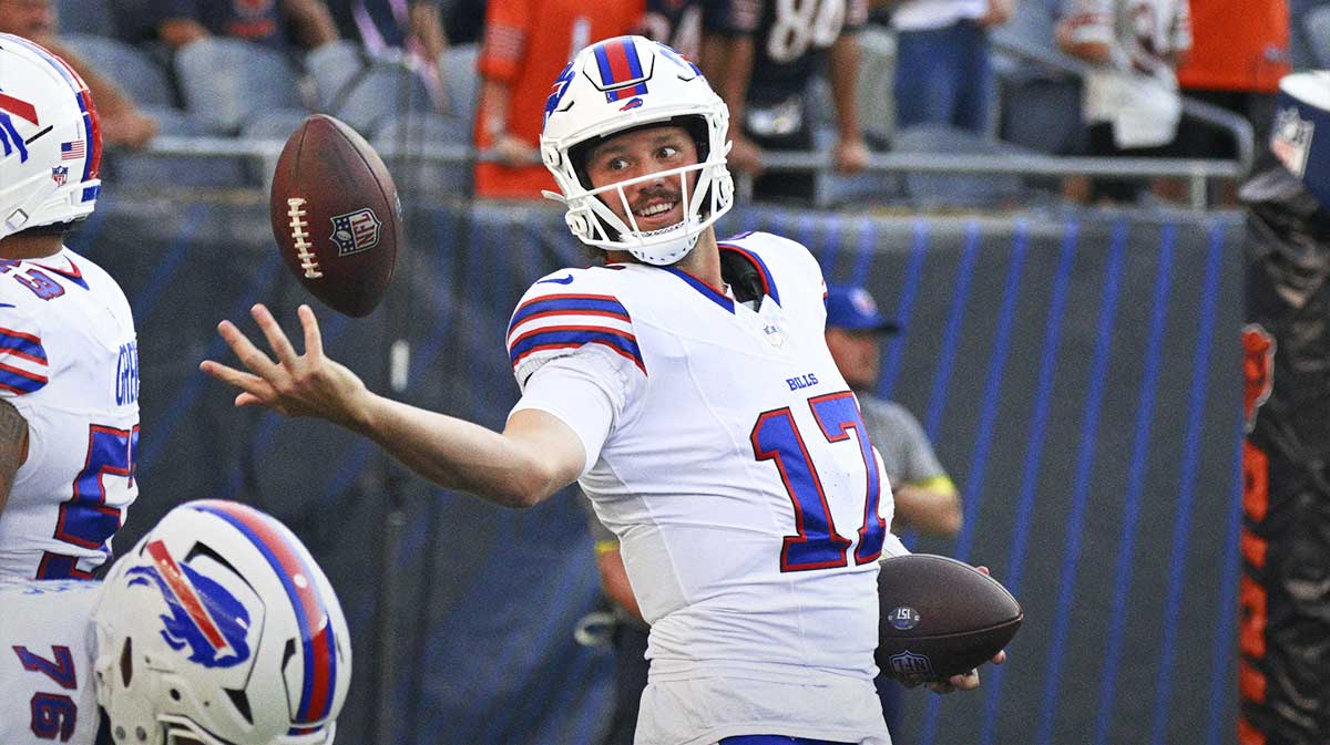 Buffalo Bills quarterback Josh Allen, who got married to Hailee Steinfeld during the offseason, warming up before preseason game against the Chicago Bears.