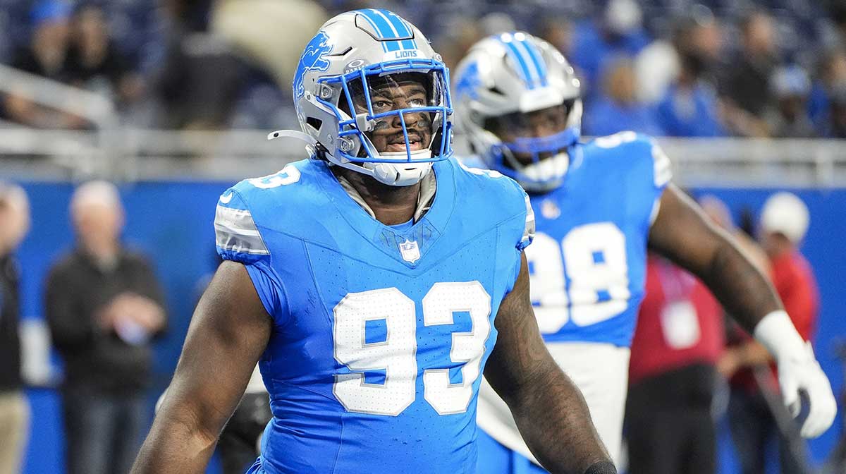 Detroit Lions defensive end Josh Paschal (93) warms up before the game between Detroit Lions and Jacksonville Jaguars at Ford Field in Detroit on Sunday, Nov. 17, 2024.
