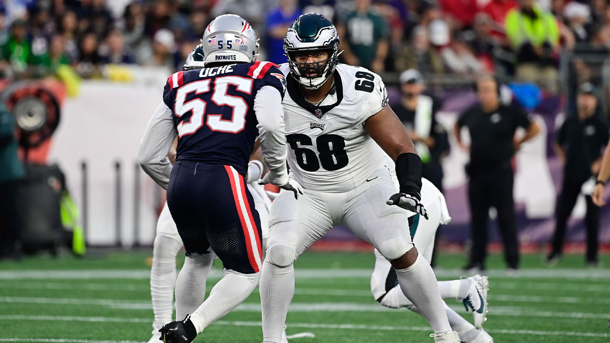 Philadelphia Eagles offensive tackle Jordan Mailata (68) blocks New England Patriots linebacker Josh Uche (55) during the second half at Gillette Stadium.