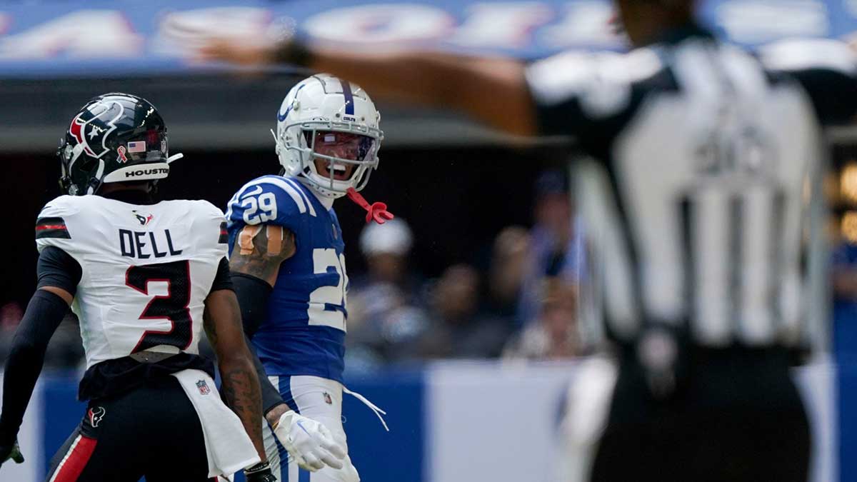 Indianapolis Colts cornerback JuJu Brents (29) celebrates after breaking up a pass intended for Houston Texans wide receiver Tank Dell (3) on Sunday, Sept. 8, 2024, during a game against the Houston Texans
