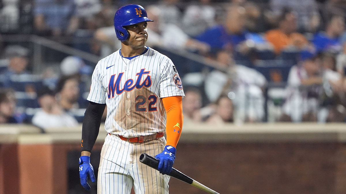 New York Mets right fielder Juan Soto (22) reacts to striking out against the Cleveland Guardians during the eighth inning at Citi Field.
