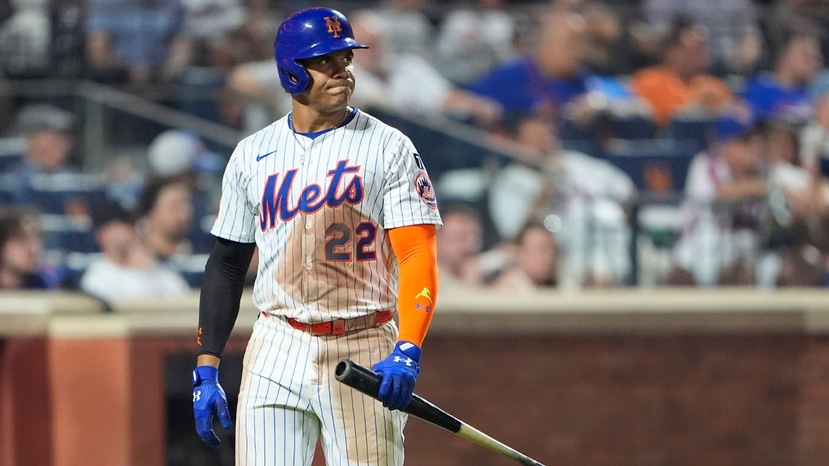 New York Mets right fielder Juan Soto (22) reacts to striking out against the Cleveland Guardians during the eighth inning at Citi Field.