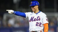New York Mets outfielder Juan Soto (22) reacts after being walked against the Seattle Mariners in the third inning at Journey Bank Ballpark at Historic Bowman Field.