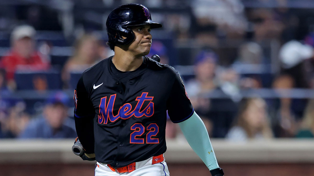 New York Mets right fielder Juan Soto (22) reacts after striking out during the ninth inning against the Seattle Mariners at Citi Field.
