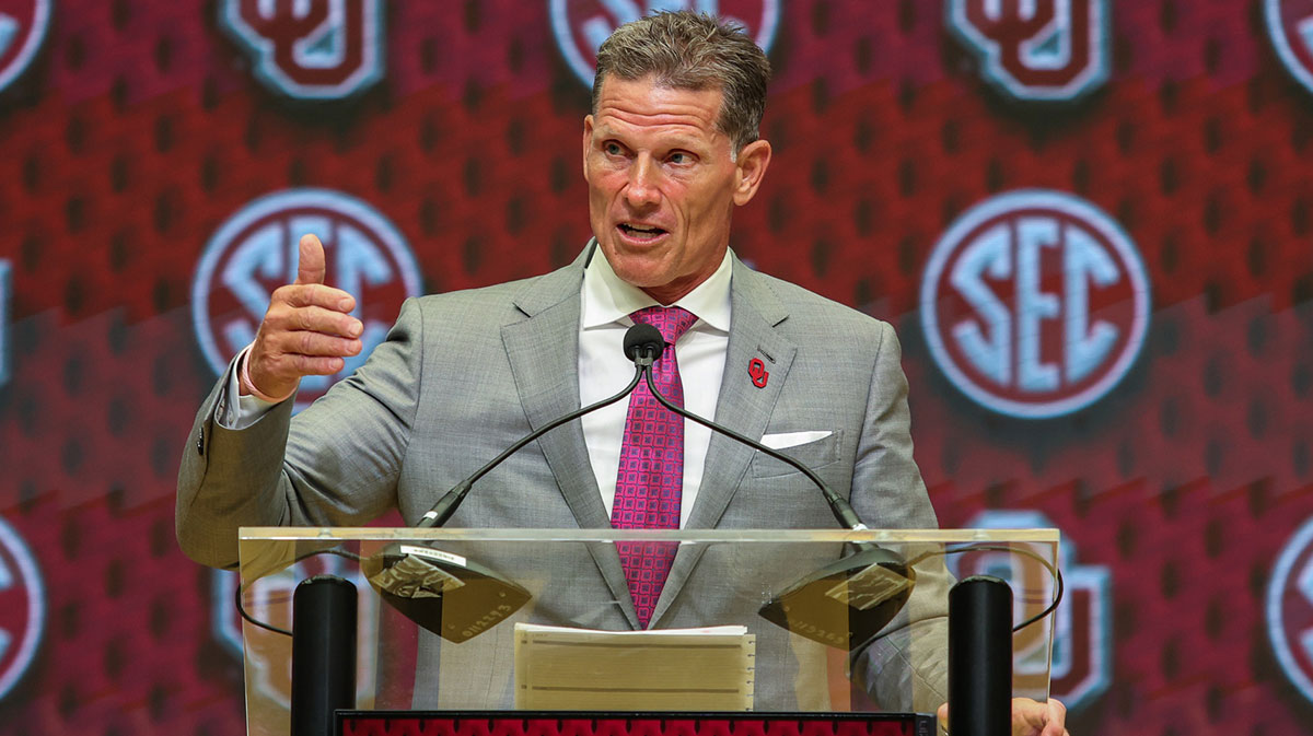Oklahoma Sooners head coach Brent Venables talks to the media during the SEC Media Days at Omni Atlanta Hotel.
