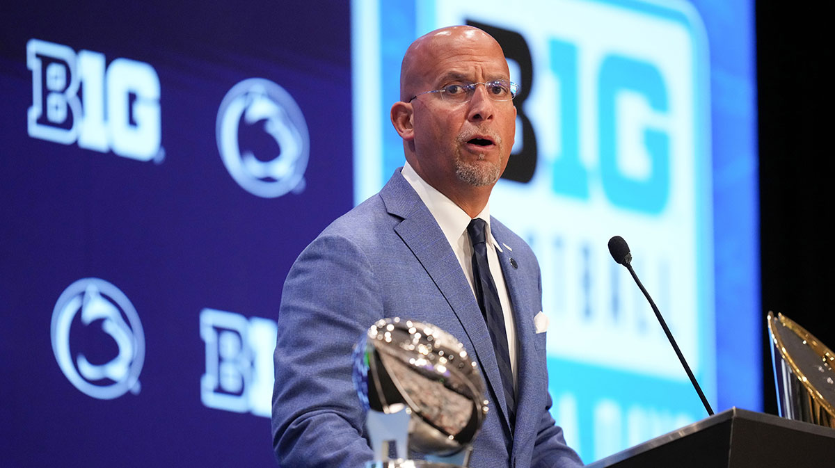 Penn State head coach James Franklin speaks to the media during the Big Ten NCAA college football media days at Mandalay Bay Resort.