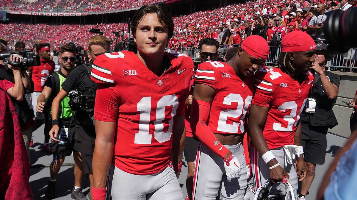 Ohio State Buckeyes quarterback Julian Sayin (10) walks off the field after beating Texas Longhorns 14-7 in his first career start at Ohio Stadium in Columbus, Ohio on Aug 30, 2025.