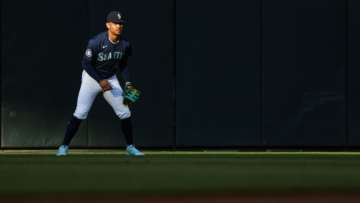 Seattle Mariners center fielder Julio Rodriguez (44) watches a pitch against the Atlanta Braves during the first inning at T-Mobile Park.