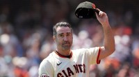 San Francisco Giants starting pitcher Justin Verlander (35) tips his cap after recording his 3500th career strikeout during the first inning against the Washington Nationals at Oracle Park.