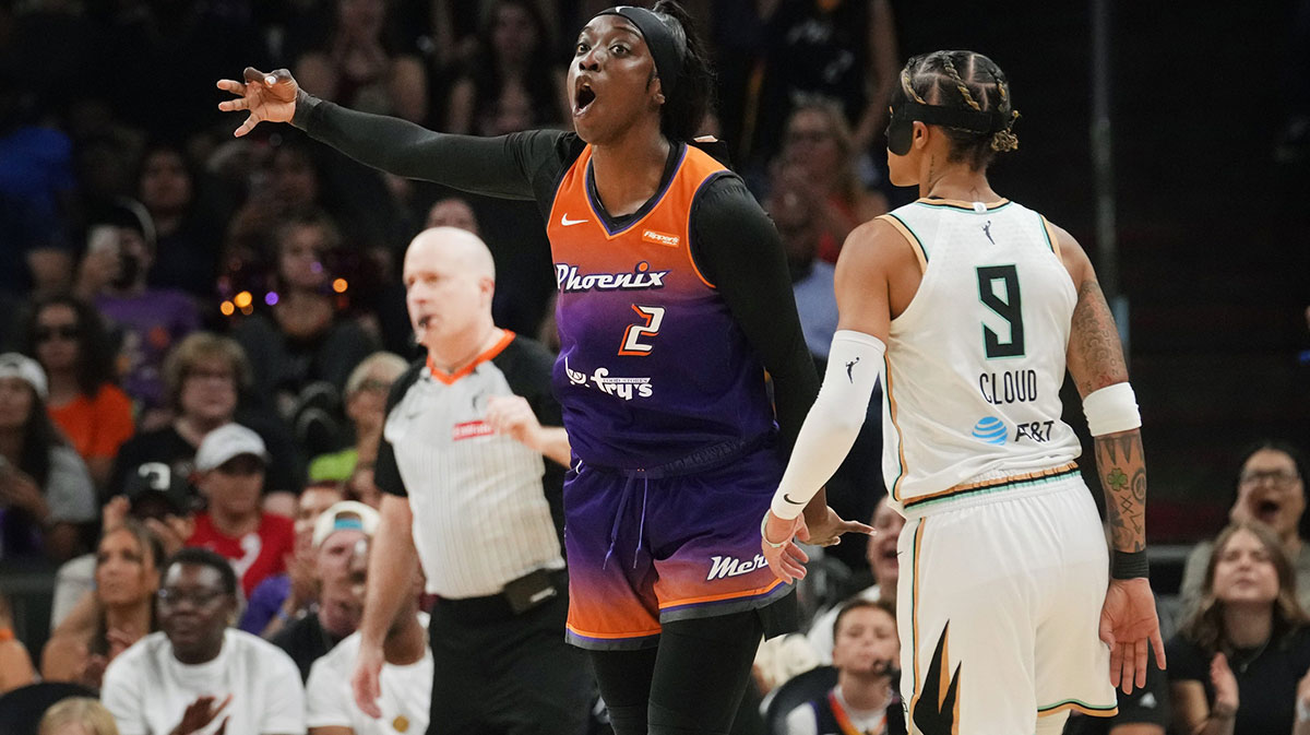 Mercury guard Kahleah Copper (2) celebrates her 3-pointer over New York Liberty guard Natasha Cloud (9) at PHX Arena on Aug 30, 2025, in Phoenix.