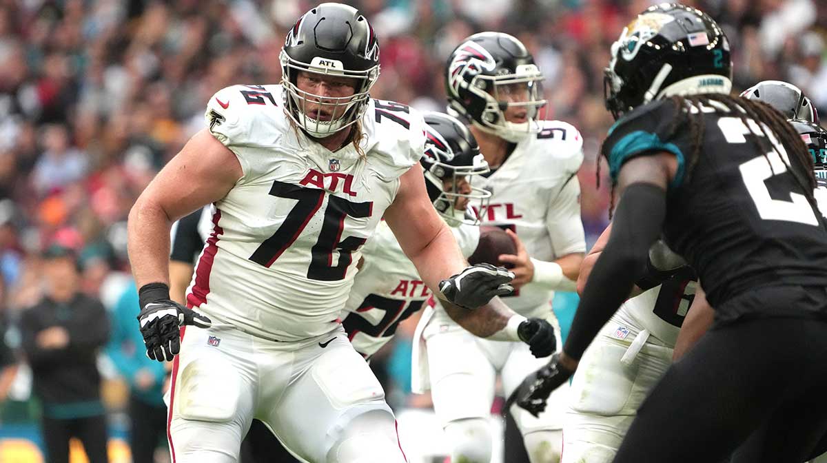 Atlanta Falcons offensive tackle Kaleb McGary (76) against the Jacksonville Jaguars in the second half during an NFL International Series game at Wembley Stadium.
